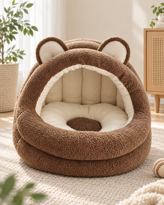 Bear-shaped plush cave pet bed with deep cushioned enclosed interior
