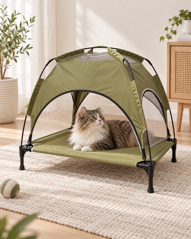 Elevated canopy pet bed with raised platform and lightweight textile shelter