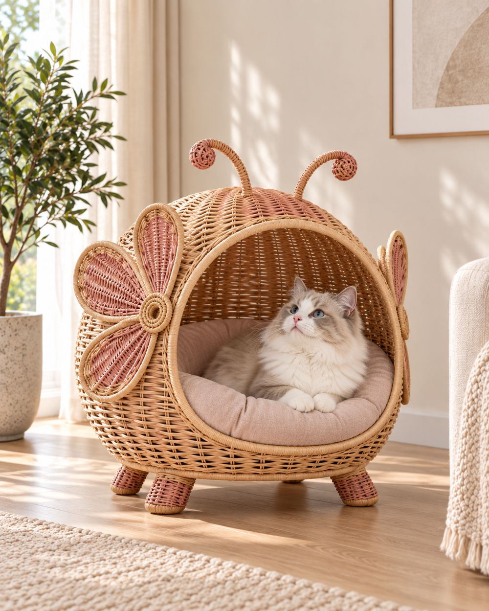 Hand-woven butterfly-inspired cat bed with enclosed resting space