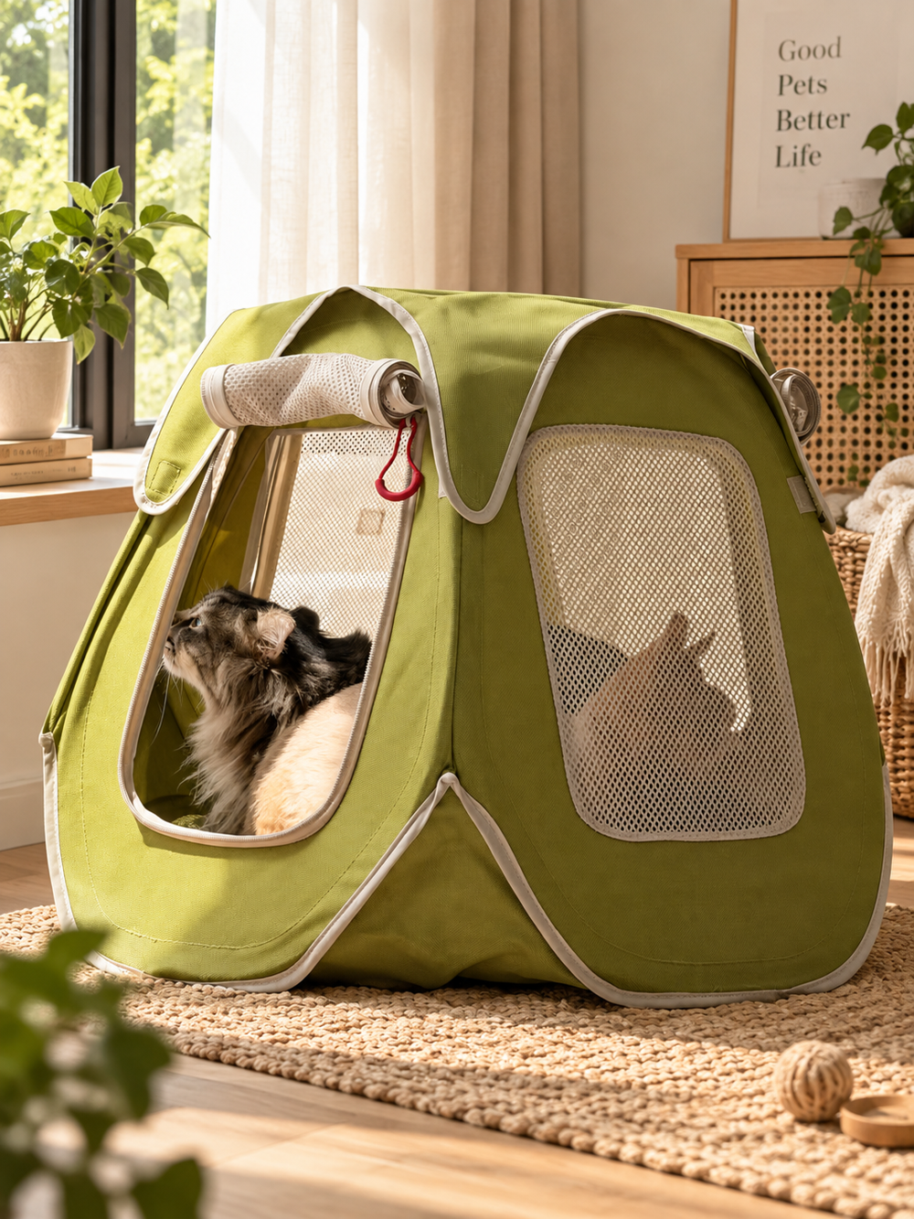Olive textile pet tent with breathable mesh panels and enclosed resting space
