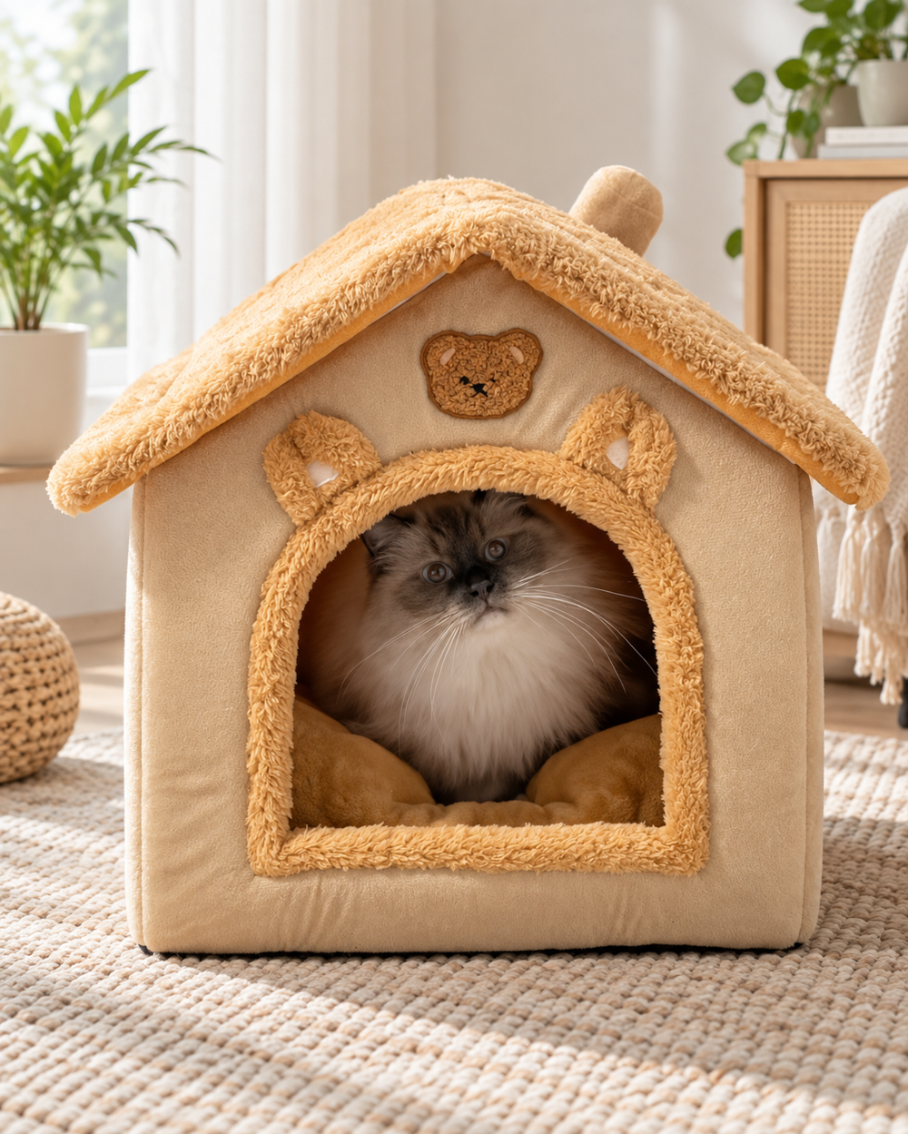 Soft house-shaped pet bed with padded walls and enclosed resting space
