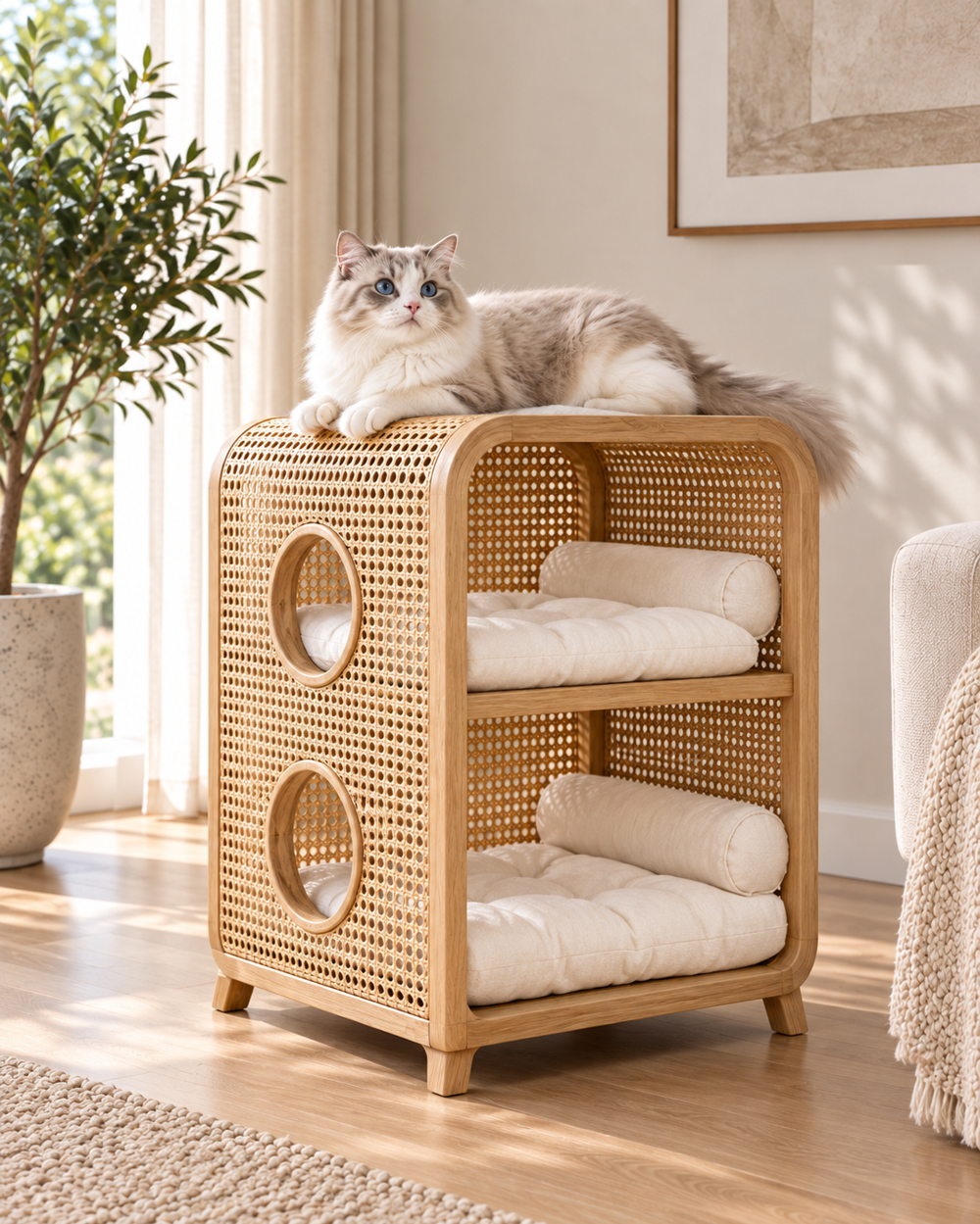 Two-level woven cat house with separate cushioned resting spaces