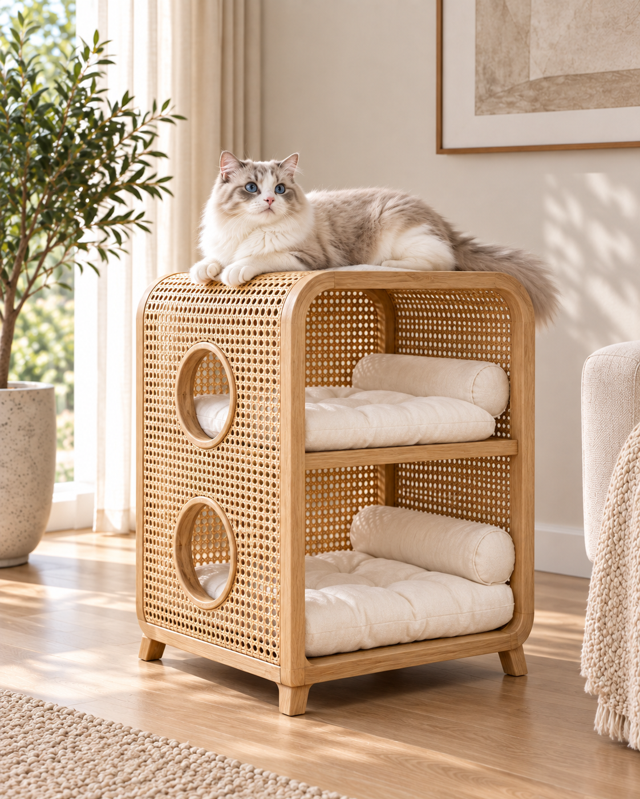 Two-level woven cat house with separate cushioned resting spaces