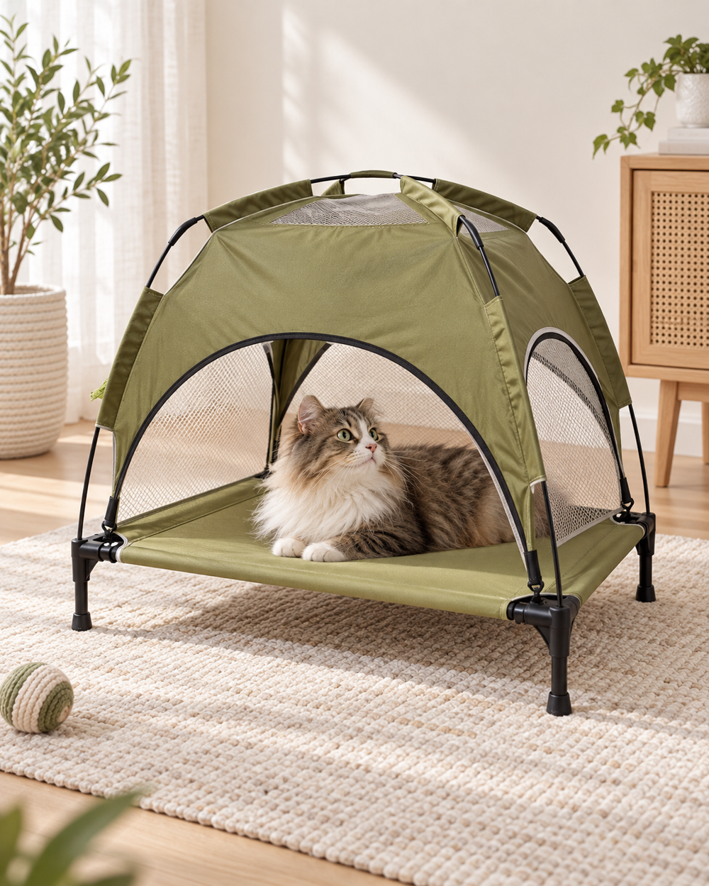 Elevated canopy pet bed with raised platform and lightweight textile shelter