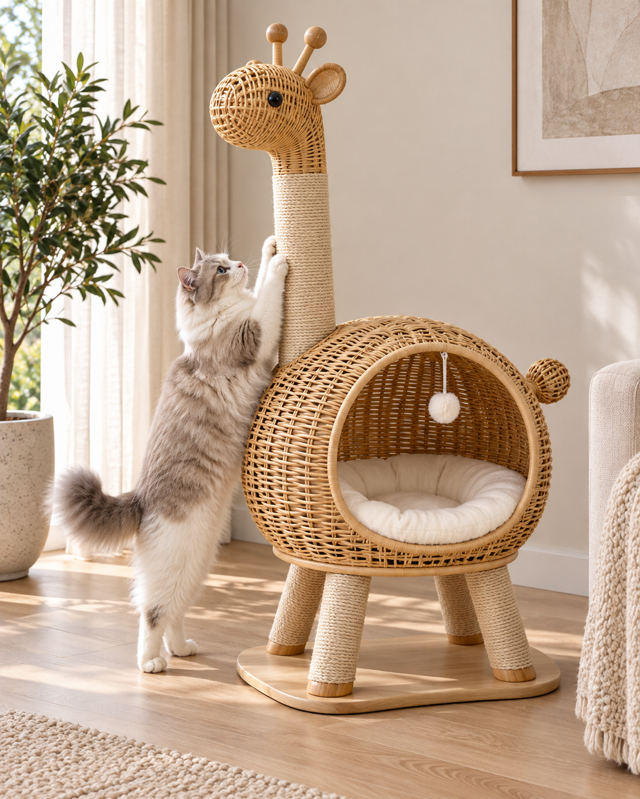 Hand-woven giraffe-inspired cat lounge with integrated resting space and scratching zone