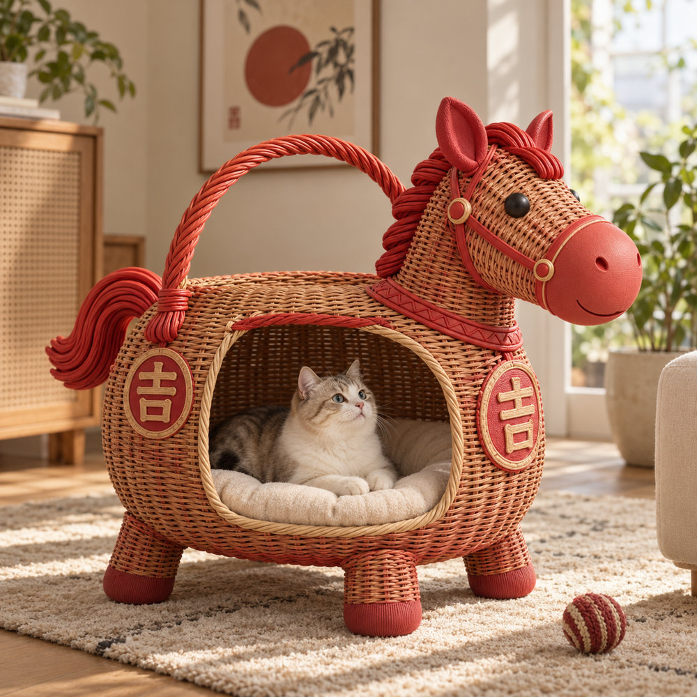 Horse-inspired woven cat house with integrated enclosed pet retreat