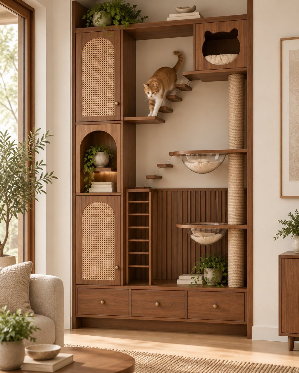 Human-pet climbing cabinet combining home storage, cat climbing routes and resting spaces