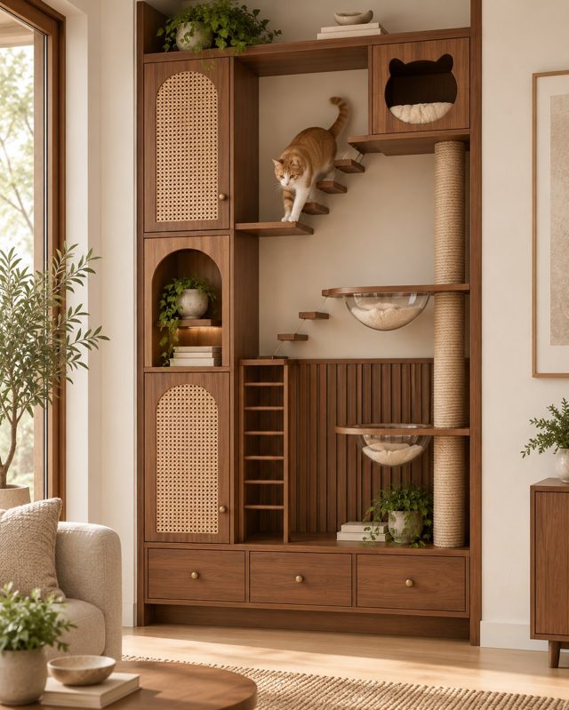 Human-pet climbing cabinet combining home storage, cat climbing routes and resting spaces