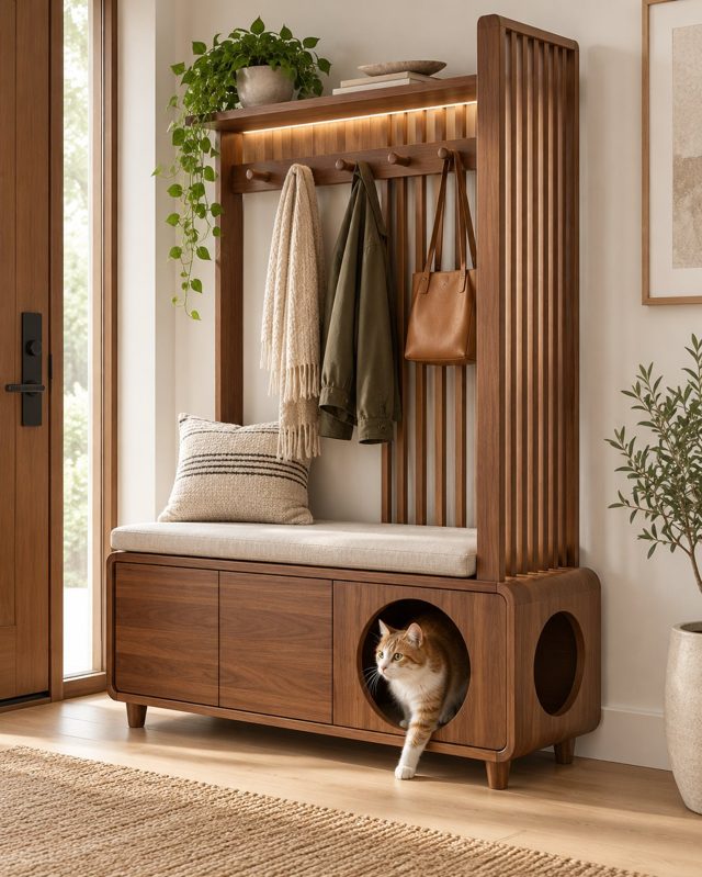 Human-pet entryway bench combining seating, storage and integrated cat retreat