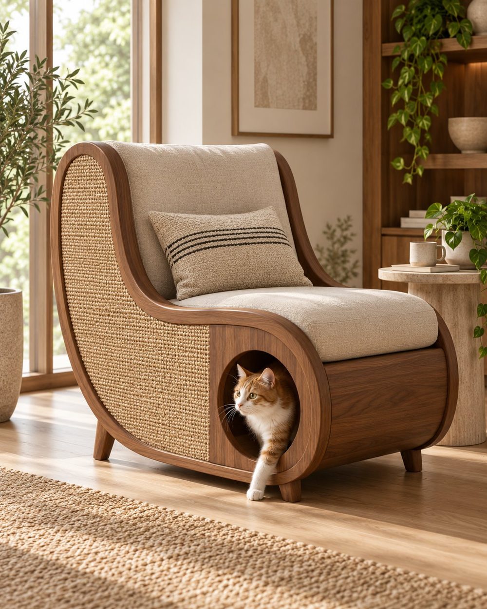 Human-pet lounge chair combining human seating with an integrated cat hideaway