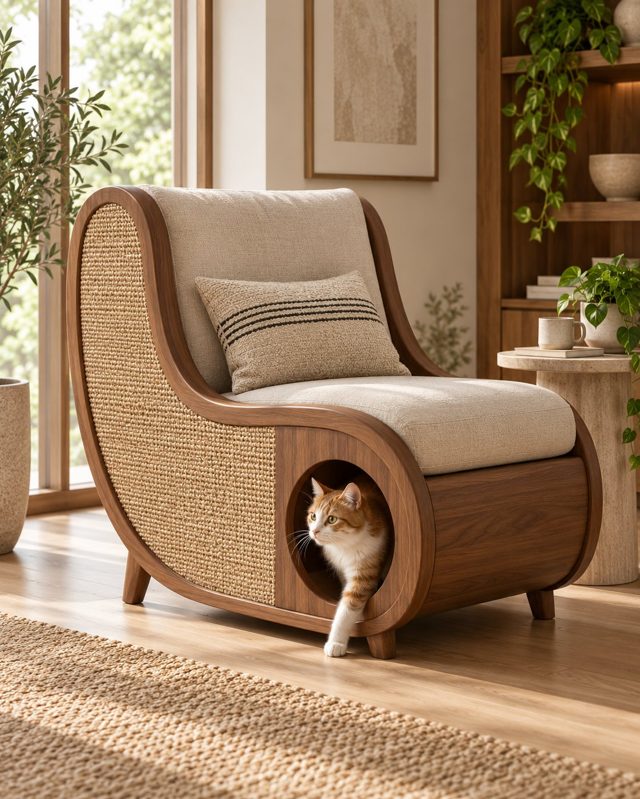 Human-pet lounge chair combining human seating with an integrated cat hideaway