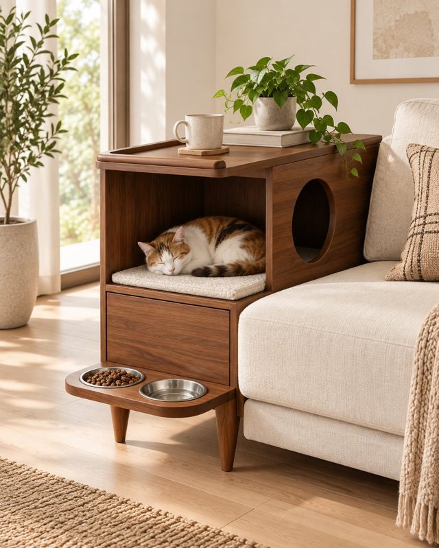Human-pet sofa side table with integrated cat resting space and feeding area