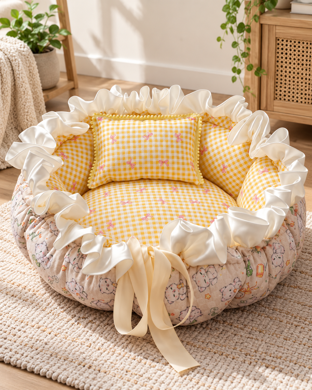 Decorative ruffle bow textile pet bed with layered soft cushioning