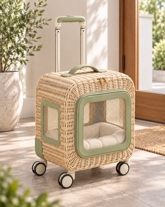 Woven pet travel carrier with ventilation panels, handle and wheeled base